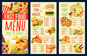 Fast food combo meals, burgers and pizza menu