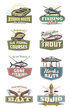 Fishing club and fisher equipment vector icons