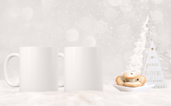 2 white blank coffee mugs Christmas theme mock up.