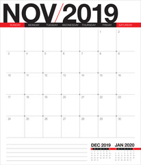 November 2019 desk calendar vector illustration