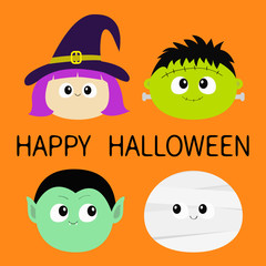 Happy Halloween. Vampire count Dracula, Mummy, whitch hat, Frankenstein zombie round face head icon set. Cute cartoon funny spooky baby character. Greeting card. Flat design Orange background.