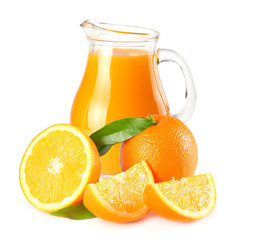 orange juice with orange and green leaf isolated on white background. juice in jug