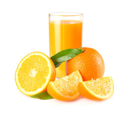 orange juice with orange and green leaf isolated on white background. juice in glass