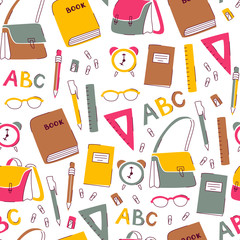 Seamless Back to School Pattern with Hand Drawn School Supplies on White Background.