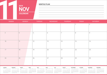 November 2019 desk calendar vector illustration