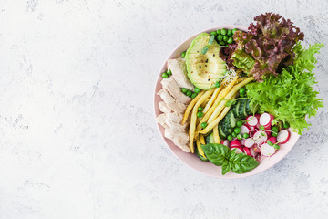 Salad with chicken breast with asparagus beans, radish, avocado, cucumber and lettuce on white background