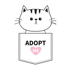 Adopt me. Cat sitting in the pocket. Pink heart. Cute cartoon animals. Kitten kitty character. Dash line. Pet animal collection. T-shirt design. Baby background. Isolated. Flat design