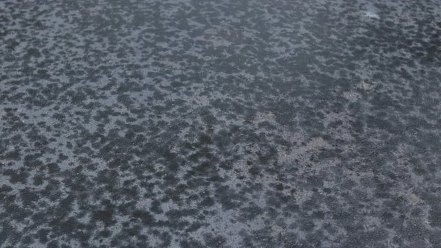 Rain drops falling on black pavement