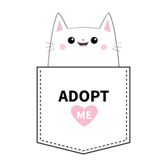 Adopt me. Kitten sitting in the pocket. Pink heart. Cute cartoon animals. Cat kitty character. Dash line. Pet animal collection. T-shirt design. Baby background. Isolated. Flat design