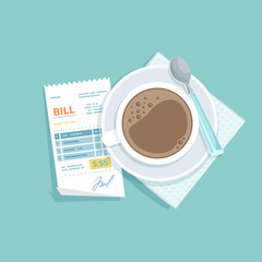 Paper bill for cup of coffee. Restaurant receipt paying. Customer's payment for cafe service. Cashier check, invoice, order. Money for goods and services. Vector 