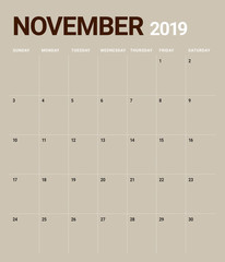 November 2019 desk calendar vector illustration