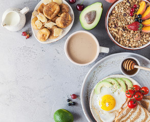 Healthy breakfast with granola and dried fruit, fresh fruit. Fried egg
and cup of coffee with milk