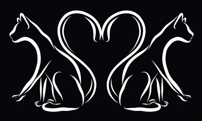 Two cats with a heart of tails on a black background
