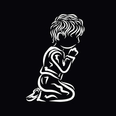 A small child prays while kneeling, a white sketch on black