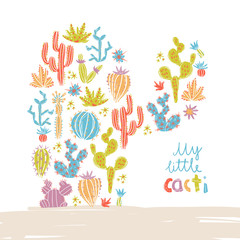 Vector illustration of hand drawn cactus. Cacti silhouette compo