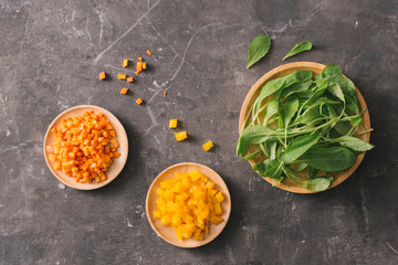 Fresh organic micro greens with carrot diced, food closeup