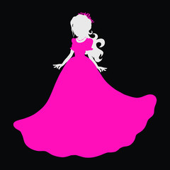 Young beauty in a lush pink dress, crown and beads, silhouette