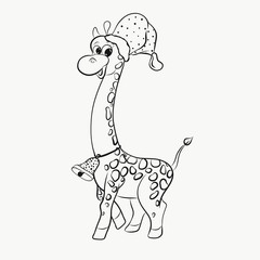 Cheerful spotted giraffe in a hat and with a bell around his neck, coloring