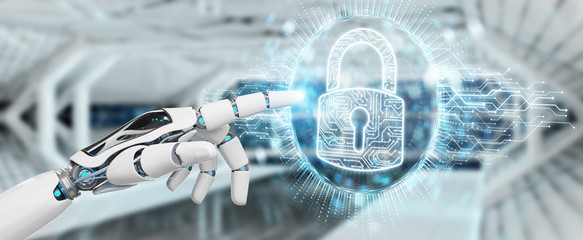 White cyborg hand protecting his datas with digital security hologram 3D rendering