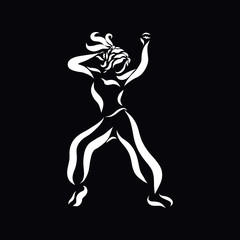 Woman performing energetic dance, white lines on a black background