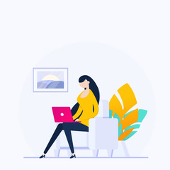 A freelancer woman works at home.Vector illustration