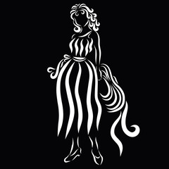 Charming slender young lady in a stylish retro dress with a hat in her hands, summer