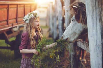 Cute little blonde girl with wreath of flowers playing  near horses ponies in the stables over sunset