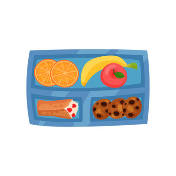 Blue lunch box with sweet food. Fresh fruits, cookies with chocolate chunks and pancake with cottage cheese. Flat vector icon