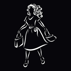 Young woman with shopping bags and retro dress, curly hair