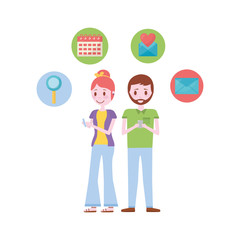 young couple with set icons avatar character