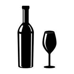Glass and bottle of wine. Black silhouette