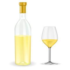 Open bottle of white wine with glass