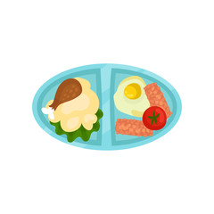 Oval tray with tasty food. Blue plastic lunch box with mashed potatoes, chicken leg, fried egg with meat and tomato. Flat vector icon