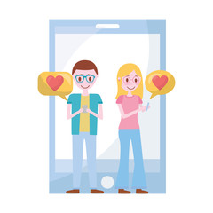 young couple with smartphone and set icons