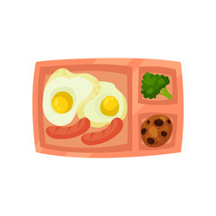 Lunch box with fried eggs and sausages, fresh broccoli and cookie with chocolate chunks. Traditional breakfast. Flat vector icon