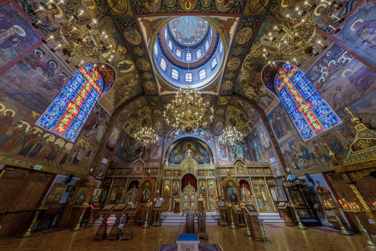 Interior of the Holy Virgin Cathedral. The Holy Virgin Cathedral, also known as Joy of All Who Sorrow, is a Russian Orthodox cathedral in the Richmond District of San Francisco.