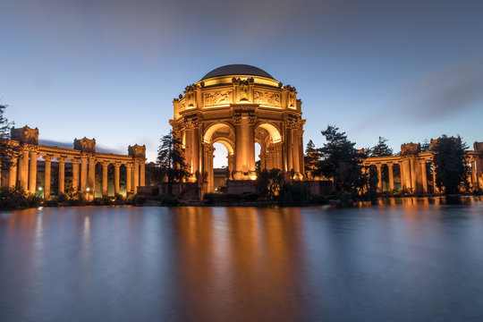 The Palace in the evening with reflection from pond. Palace of Fine Arts, San Francisco, California, USA.