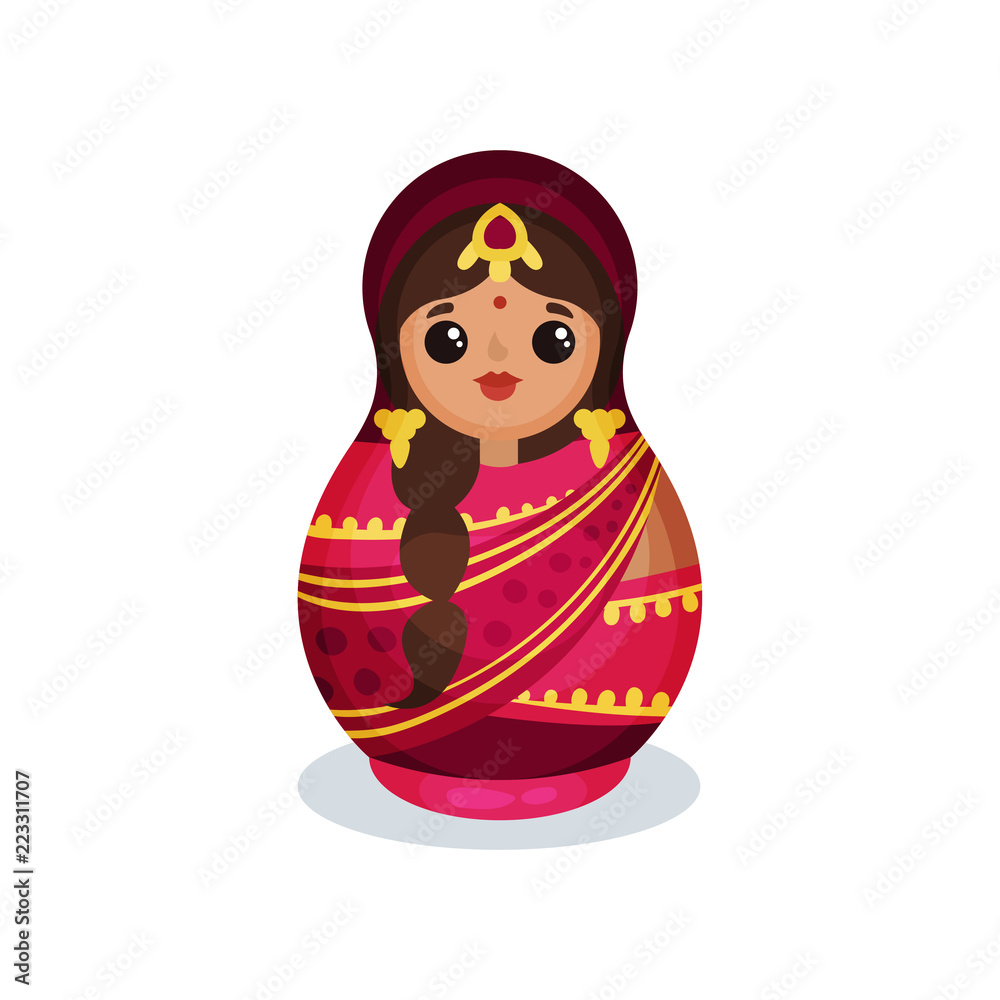 Wall mural Nesting doll in traditional Indian costume, wooden matryoshka vector Illustration isolated on a white background