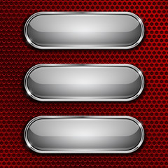 White oval glass buttons on red metal perforated background