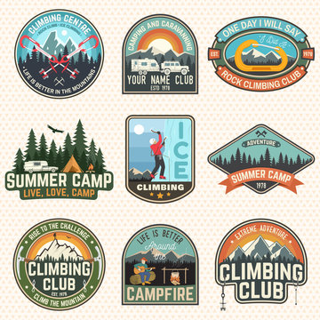 Set of Rock Climbing club and summer camp badges. Vector.