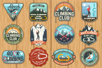 Set of Rock Climbing club badges on the wood board. Vector.
