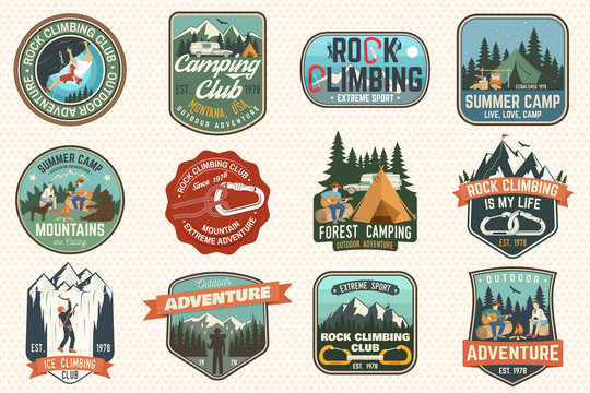 Set Of Rock Climbing Club And Summer Camp Badges. Vector.
