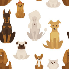 Sewing fabric with Dog types and breeds canine animals seamless pattern ...