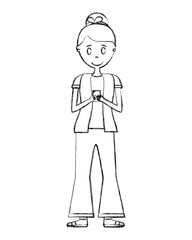 young woman standing character using mobile device