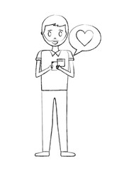 young man using mobile speech bubble love