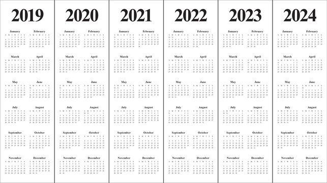 Year 2019 2020 2021 2022 2023 2024 Calendar Vector Design Template