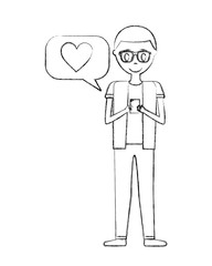 young man with glasses using mobile love