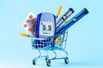 Diabetes concept. Diabetes. Diabetic supplies in shop trolley on a blue background.