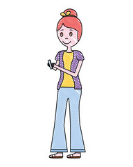 young woman standing character using mobile device