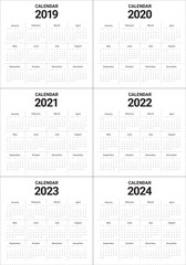 Year 2019 2020 2021 2022 2023 2024 calendar vector design template
